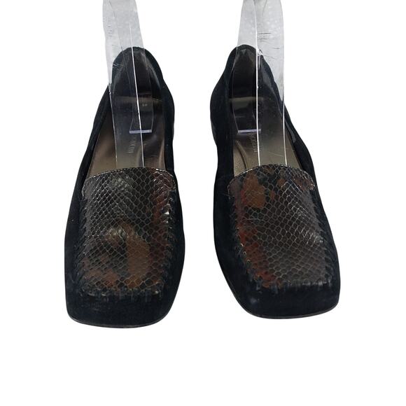 ENZO ANGIOLINI! BLACK GENUINE SUEDE LEATHER, BROWN LIZARD INSET LOAFER HEELS! 8M - Picture 5 of 10